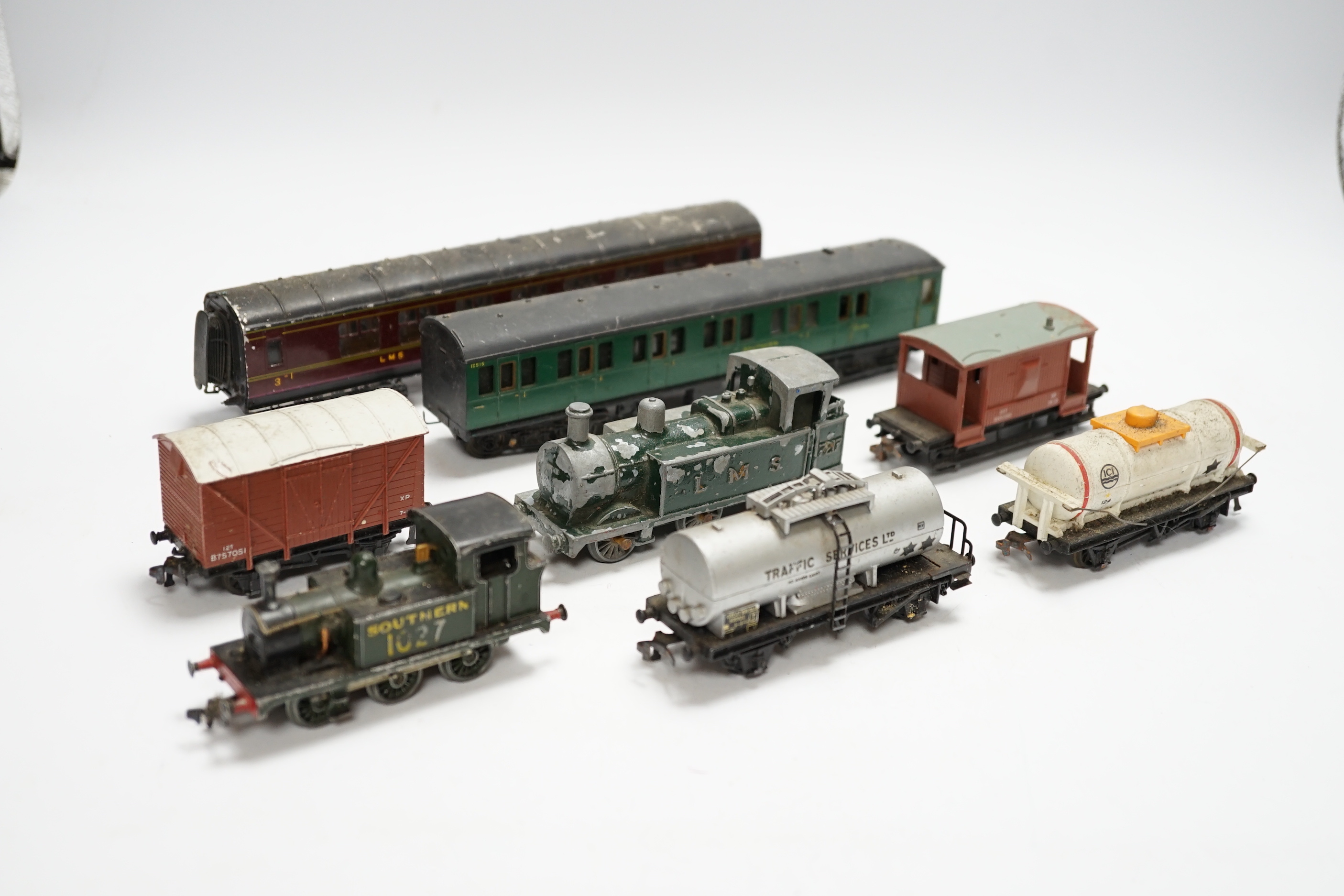 A collection of 00 gauge model, railway, most items, kit built, including two locomotives; a Stroudley terrier, an Adams G6 class, together with a Graham Farish GWR Prairie tank, and a number of Southern Railway coaches